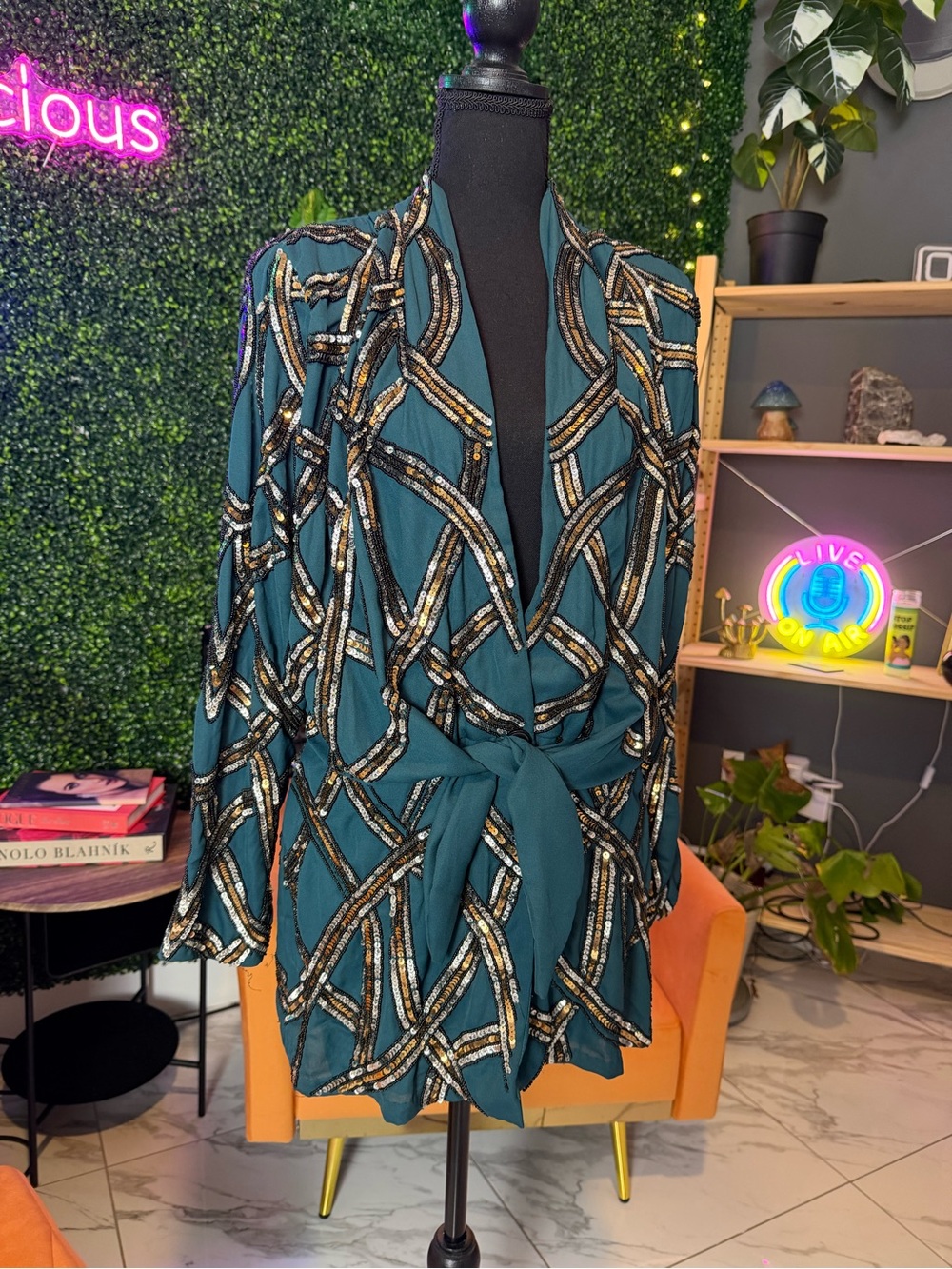 SETA Teal Metallic Chain Print Wrap MINI dress